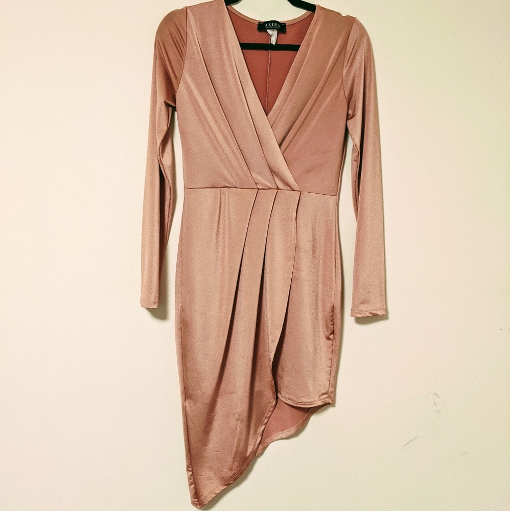 AKIRA Rose Gold Silk Long Sleeve Dress